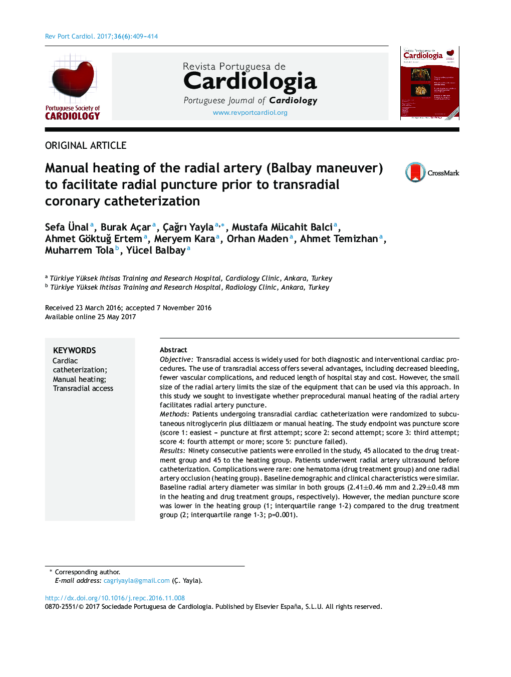 Manual heating of the radial artery (Balbay maneuver) to facilitate radial puncture prior to transradial coronary catheterization