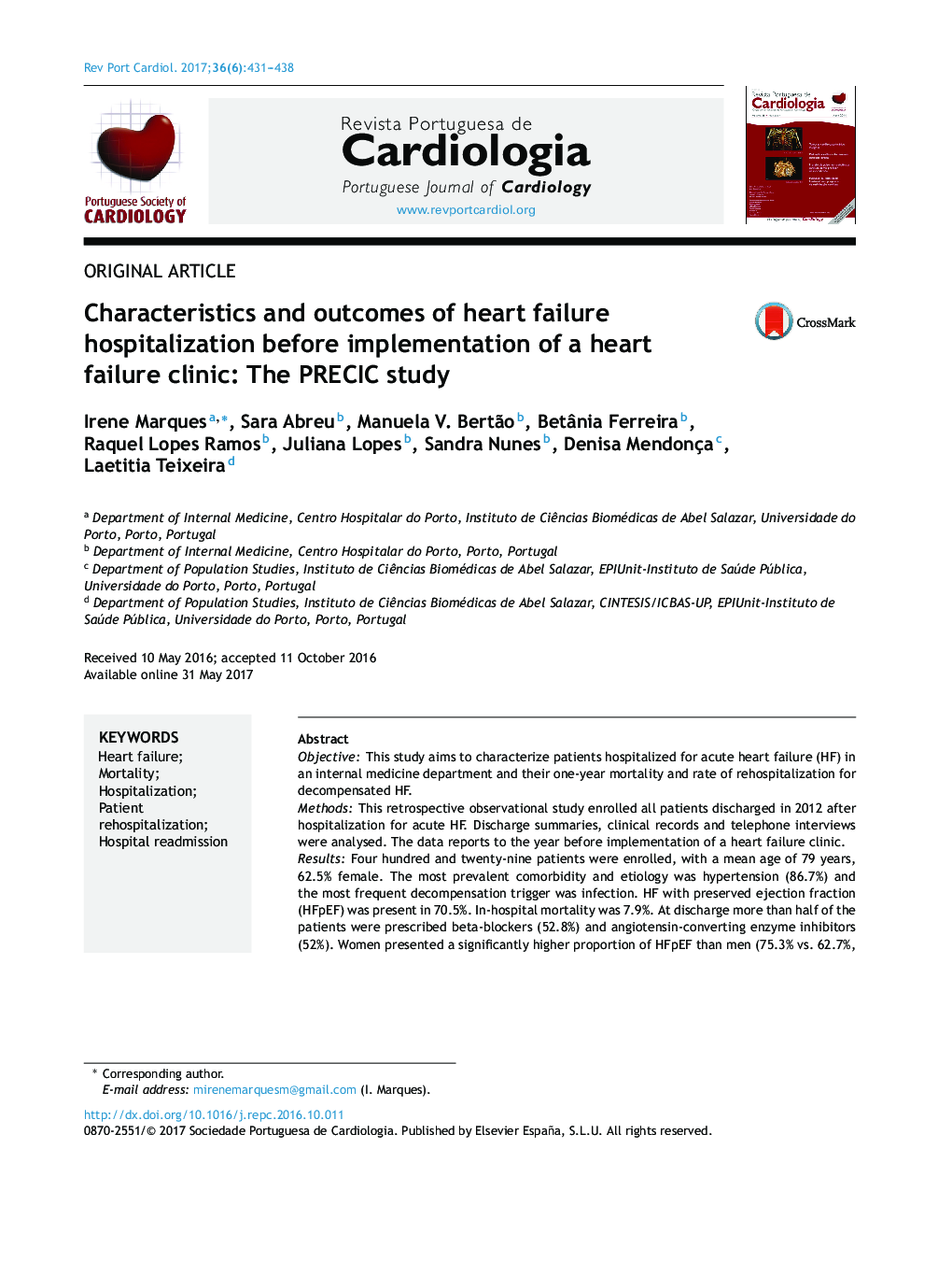 Characteristics and outcomes of heart failure hospitalization before implementation of a heart failure clinic: The PRECIC study