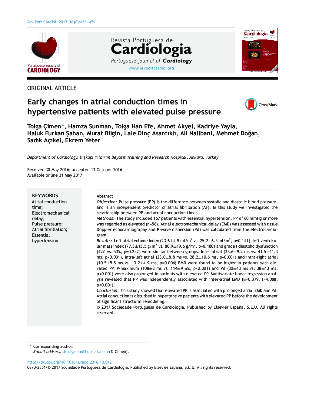 Early changes in atrial conduction times in hypertensive patients with elevated pulse pressure