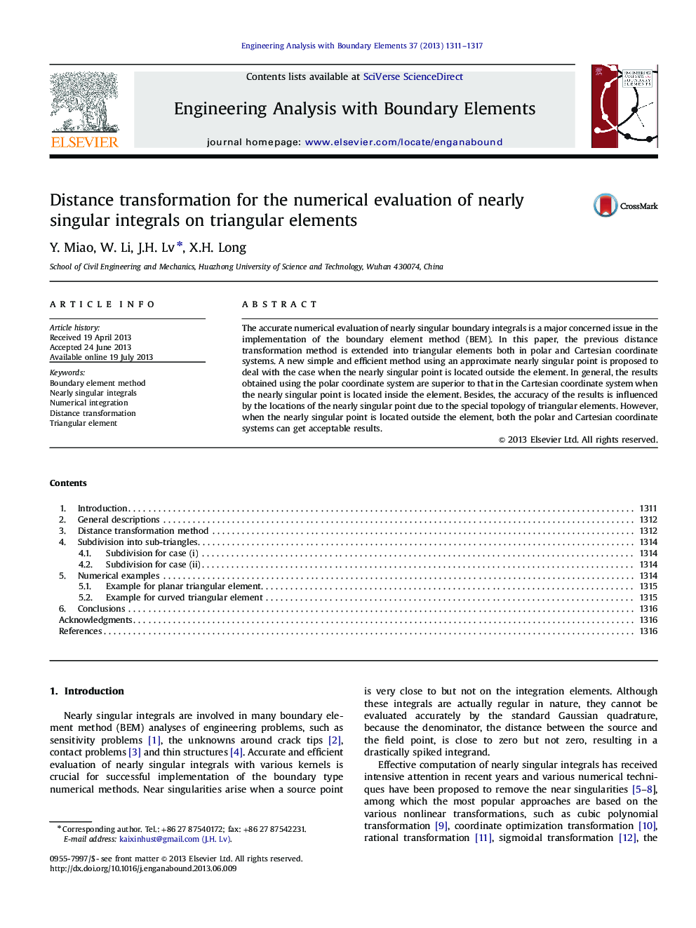 Distance transformation for the numerical evaluation of nearly singular integrals on triangular elements