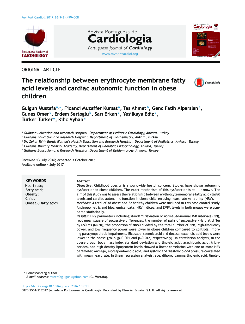 The relationship between erythrocyte membrane fatty acid levels and cardiac autonomic function in obese children