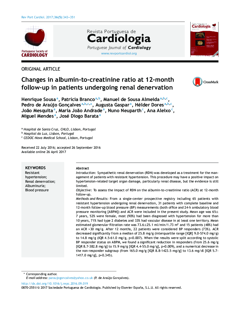 Changes in albumin-to-creatinine ratio at 12-month follow-up in patients undergoing renal denervation