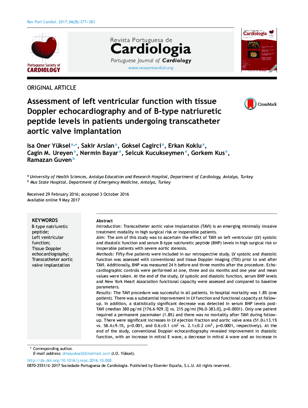 Assessment of left ventricular function with tissue Doppler echocardiography and of B-type natriuretic peptide levels in patients undergoing transcatheter aortic valve implantation