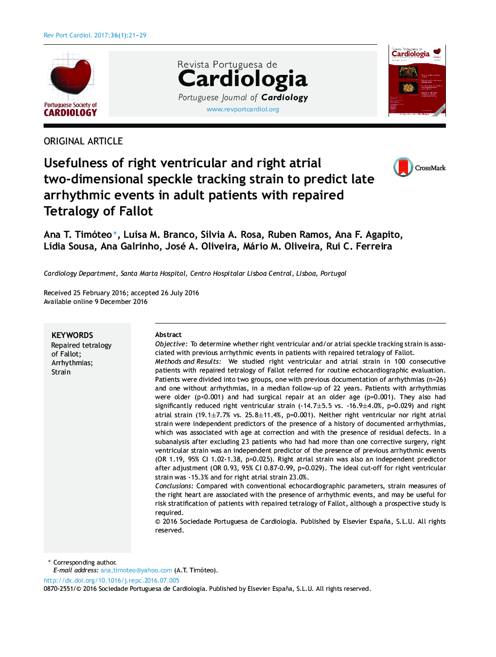 Usefulness of right ventricular and right atrial two-dimensional speckle tracking strain to predict late arrhythmic events in adult patients with repaired Tetralogy of Fallot