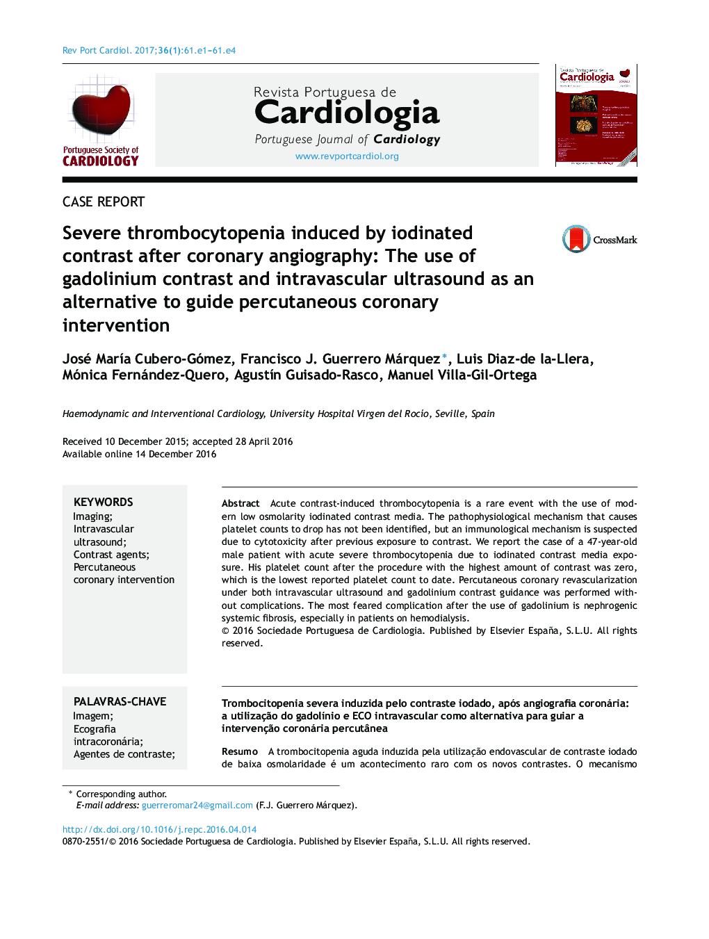 Severe thrombocytopenia induced by iodinated contrast after coronary angiography: The use of gadolinium contrast and intravascular ultrasound as an alternative to guide percutaneous coronary intervention