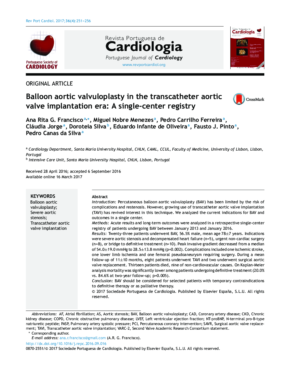 Balloon aortic valvuloplasty in the transcatheter aortic valve implantation era: A single-center registry