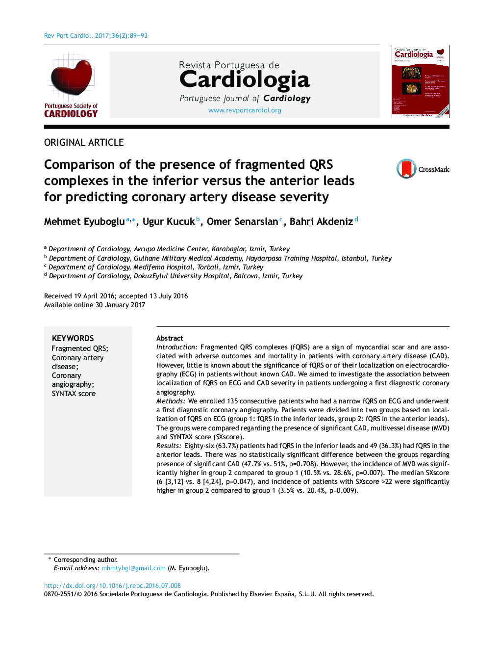 Comparison of the presence of fragmented QRS complexes in the inferior versus the anterior leads for predicting coronary artery disease severity