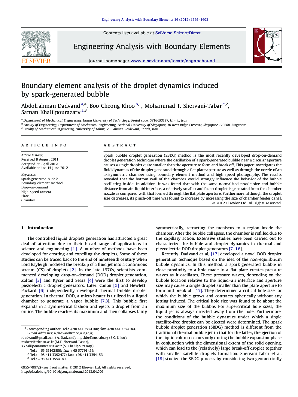 Boundary element analysis of the droplet dynamics induced by spark-generated bubble