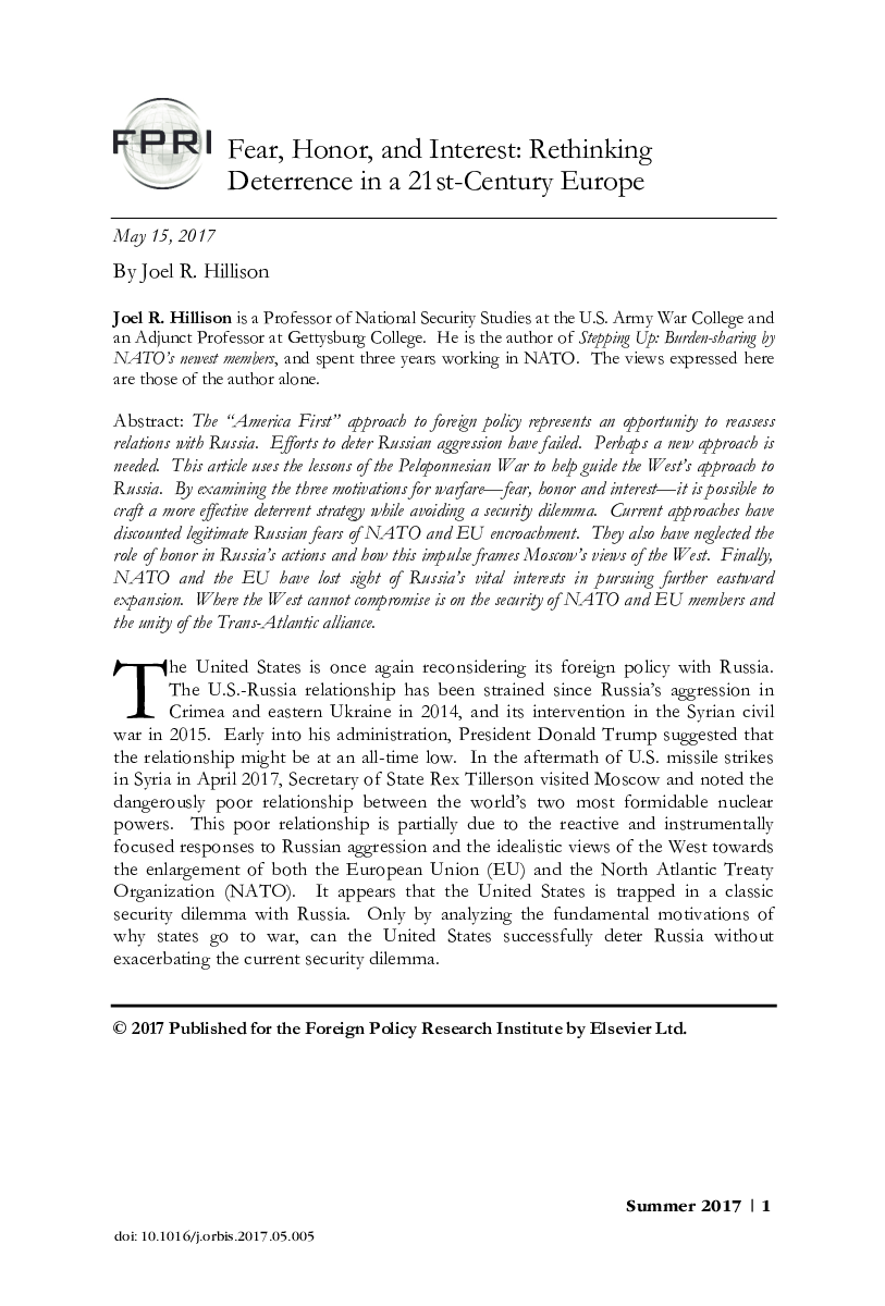 Fear, Honor, and Interest: Rethinking Deterrence in a 21st-Century Europe