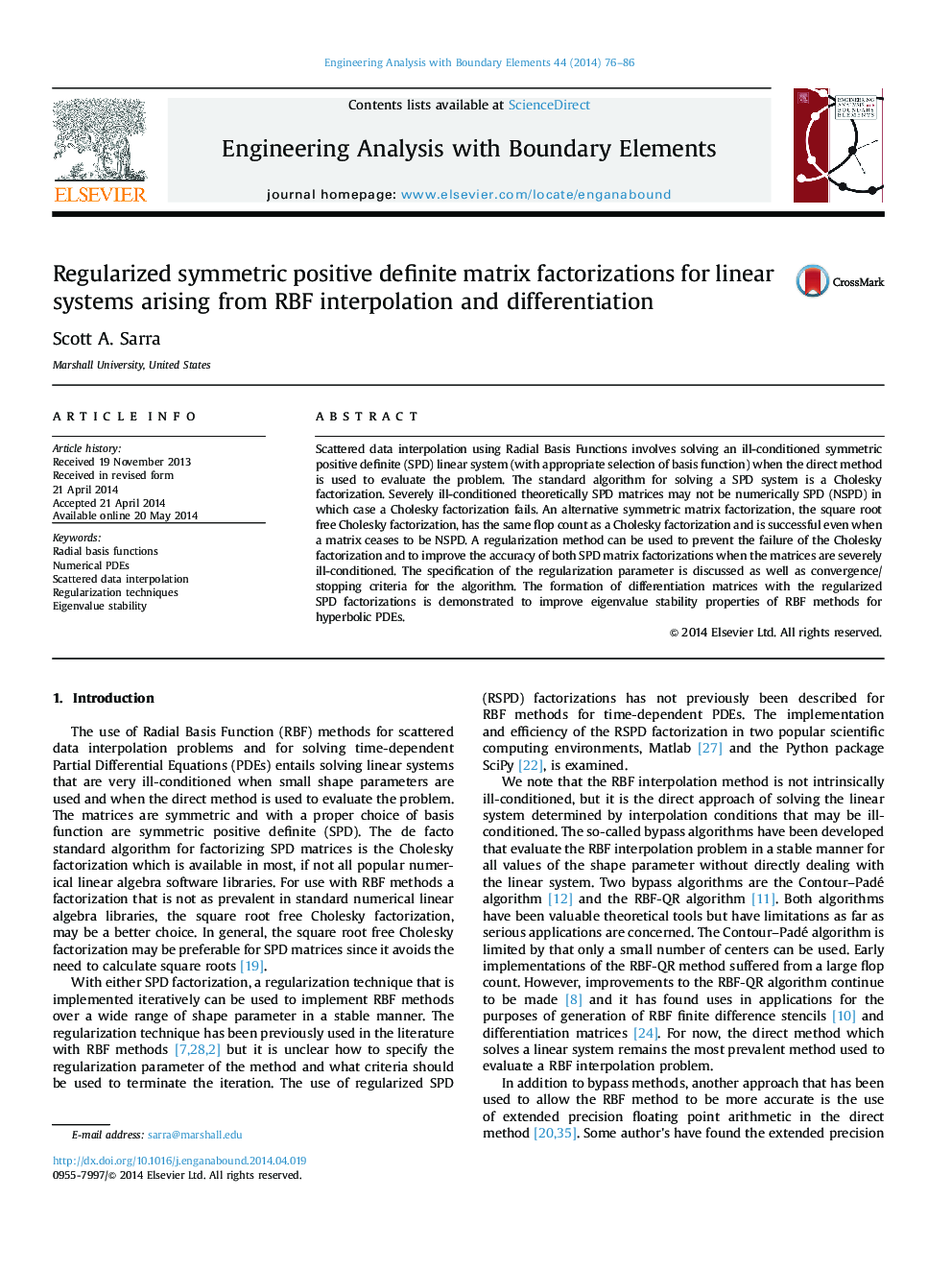 Regularized symmetric positive definite matrix factorizations for linear systems arising from RBF interpolation and differentiation