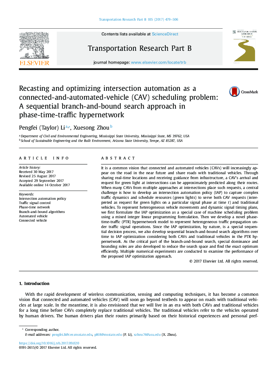 Recasting and optimizing intersection automation as a connected-and-automated-vehicle (CAV) scheduling problem: A sequential branch-and-bound search approach in phase-time-traffic hypernetwork
