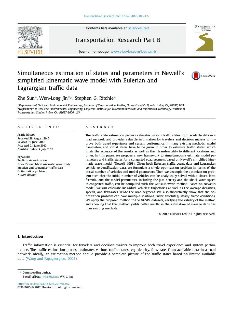 Simultaneous estimation of states and parameters in Newell's simplified kinematic wave model with Eulerian and Lagrangian traffic data