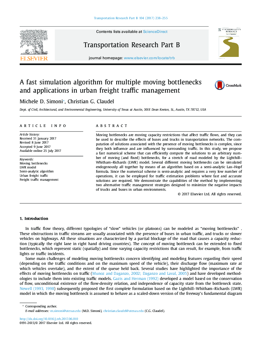 الگوریتم شبیه سازی سریع برای تنگناها و برنامه های کاربردی متعدد در مدیریت حمل و نقل شهری 