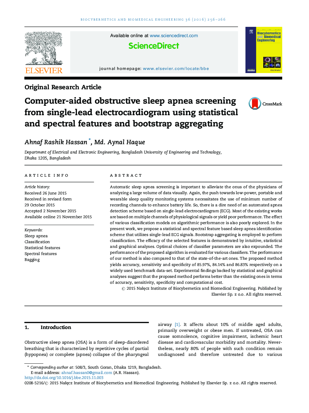 Computer-aided obstructive sleep apnea screening from single-lead electrocardiogram using statistical and spectral features and bootstrap aggregating