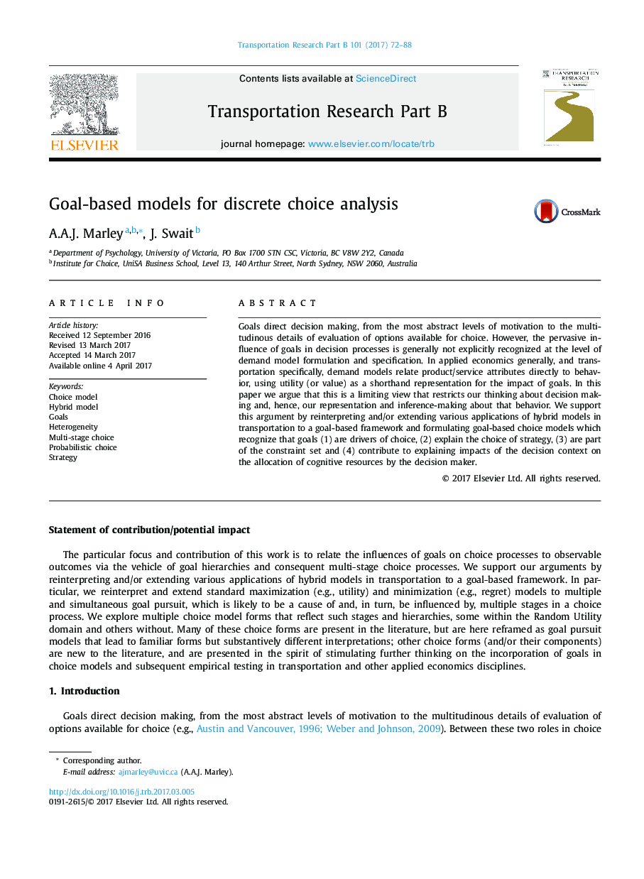 Goal-based models for discrete choice analysis