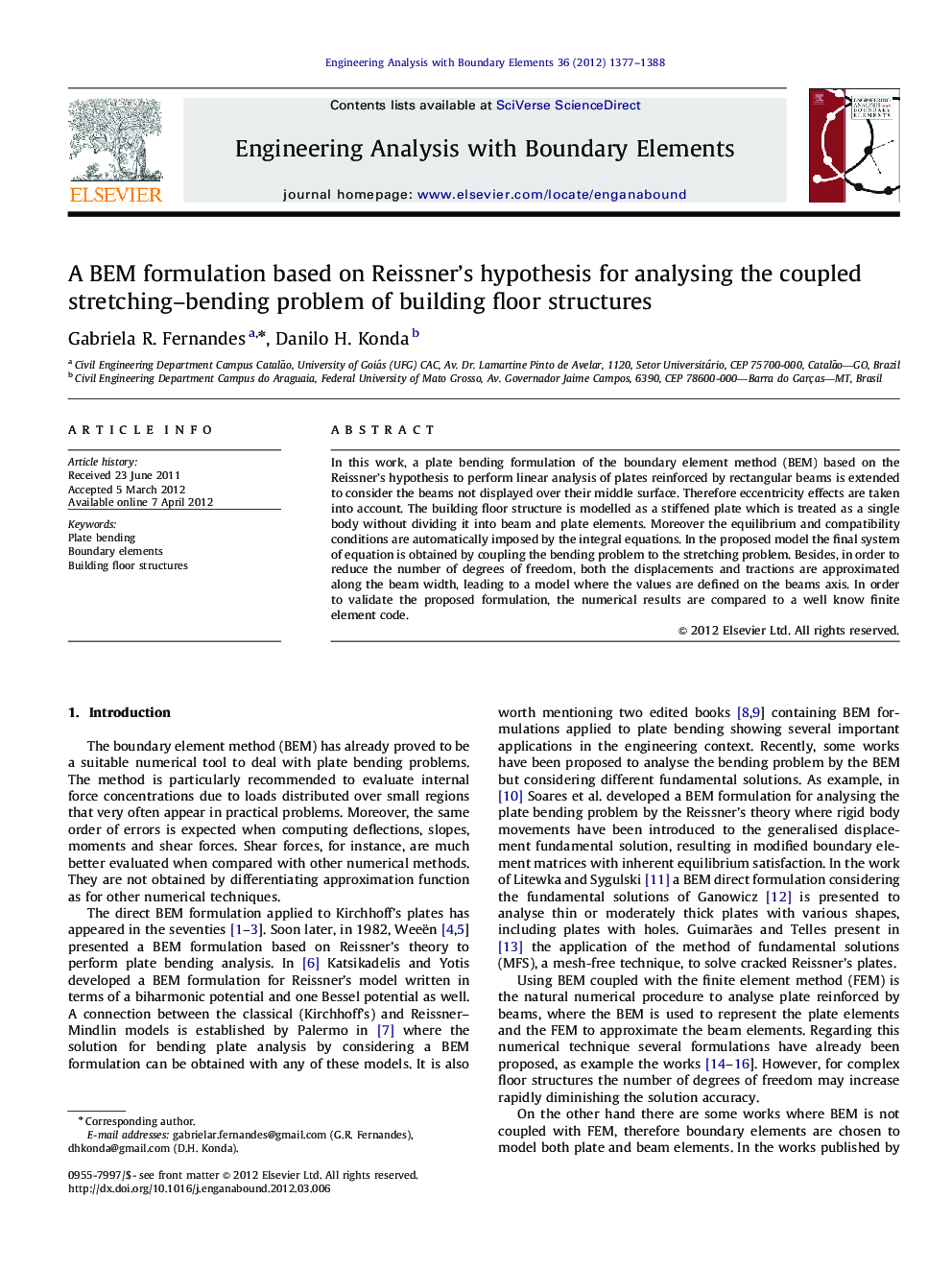 A BEM formulation based on Reissner's hypothesis for analysing the coupled stretching–bending problem of building floor structures