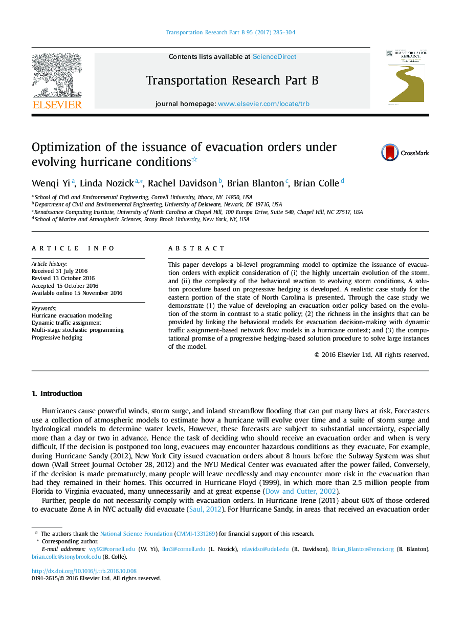 Optimization of the issuance of evacuation orders under evolving hurricane conditions 