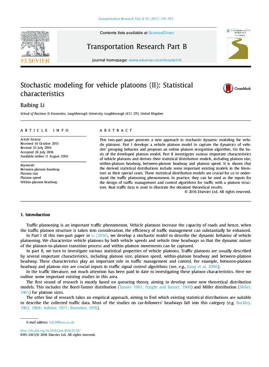 Stochastic modeling for vehicle platoons (II): Statistical characteristics