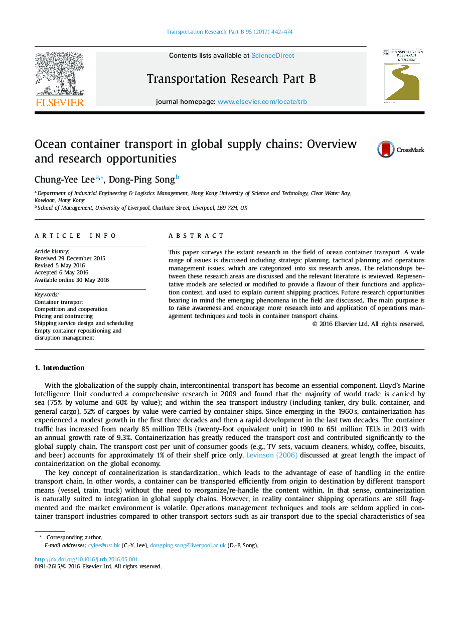 Ocean container transport in global supply chains: Overview and research opportunities