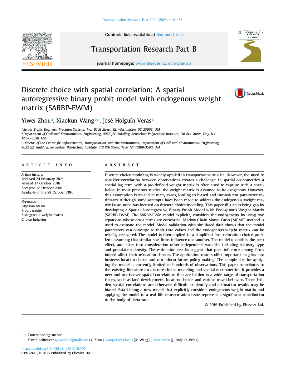 Discrete choice with spatial correlation: A spatial autoregressive binary probit model with endogenous weight matrix (SARBP-EWM)