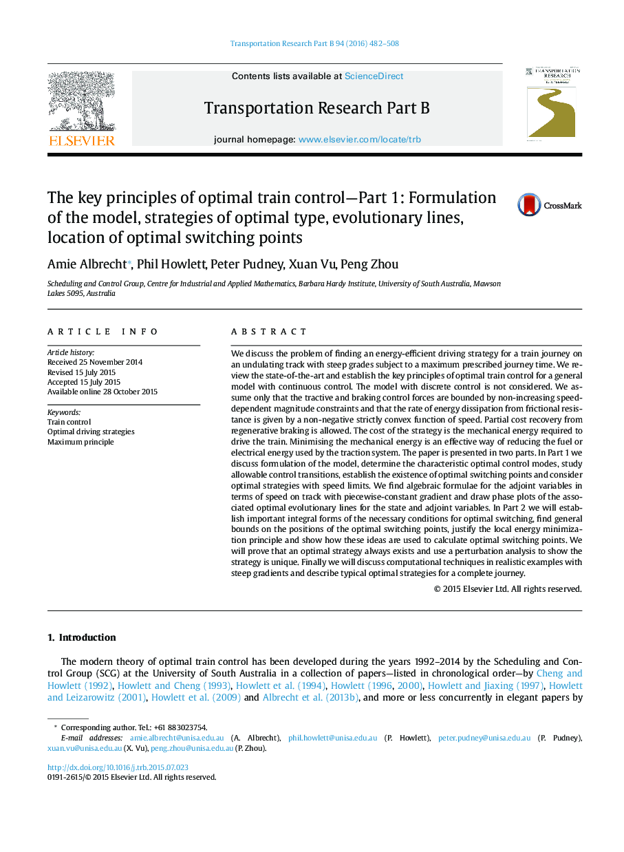 The key principles of optimal train control-Part 1: Formulation of the model, strategies of optimal type, evolutionary lines, location of optimal switching points