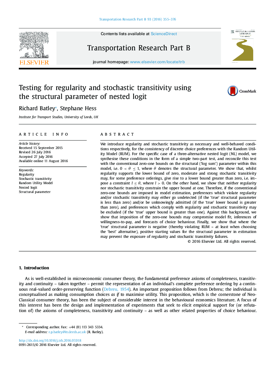 Testing for regularity and stochastic transitivity using the structural parameter of nested logit