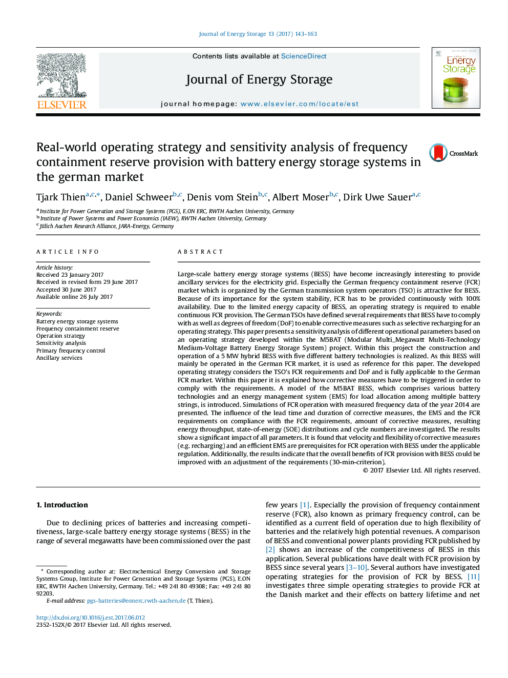 استراتژی عملیات واقعی در جهان و تجزیه و تحلیل حساسیت ذخیره ذخائر فرکانس با سیستم های ذخیره انرژی باتری در بازار آلمان 