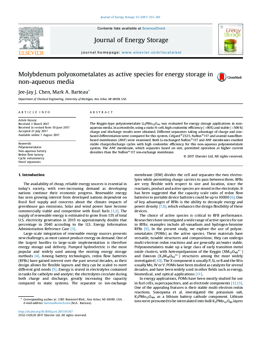 Molybdenum polyoxometalates as active species for energy storage in non-aqueous media