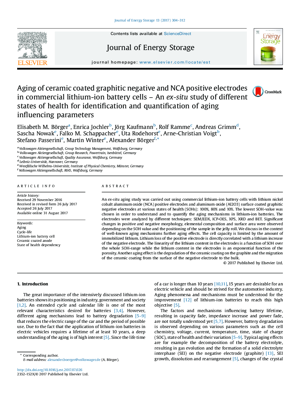 Aging of ceramic coated graphitic negative and NCA positive electrodes in commercial lithium-ion battery cells - An ex-situ study of different states of health for identification and quantification of aging influencing parameters