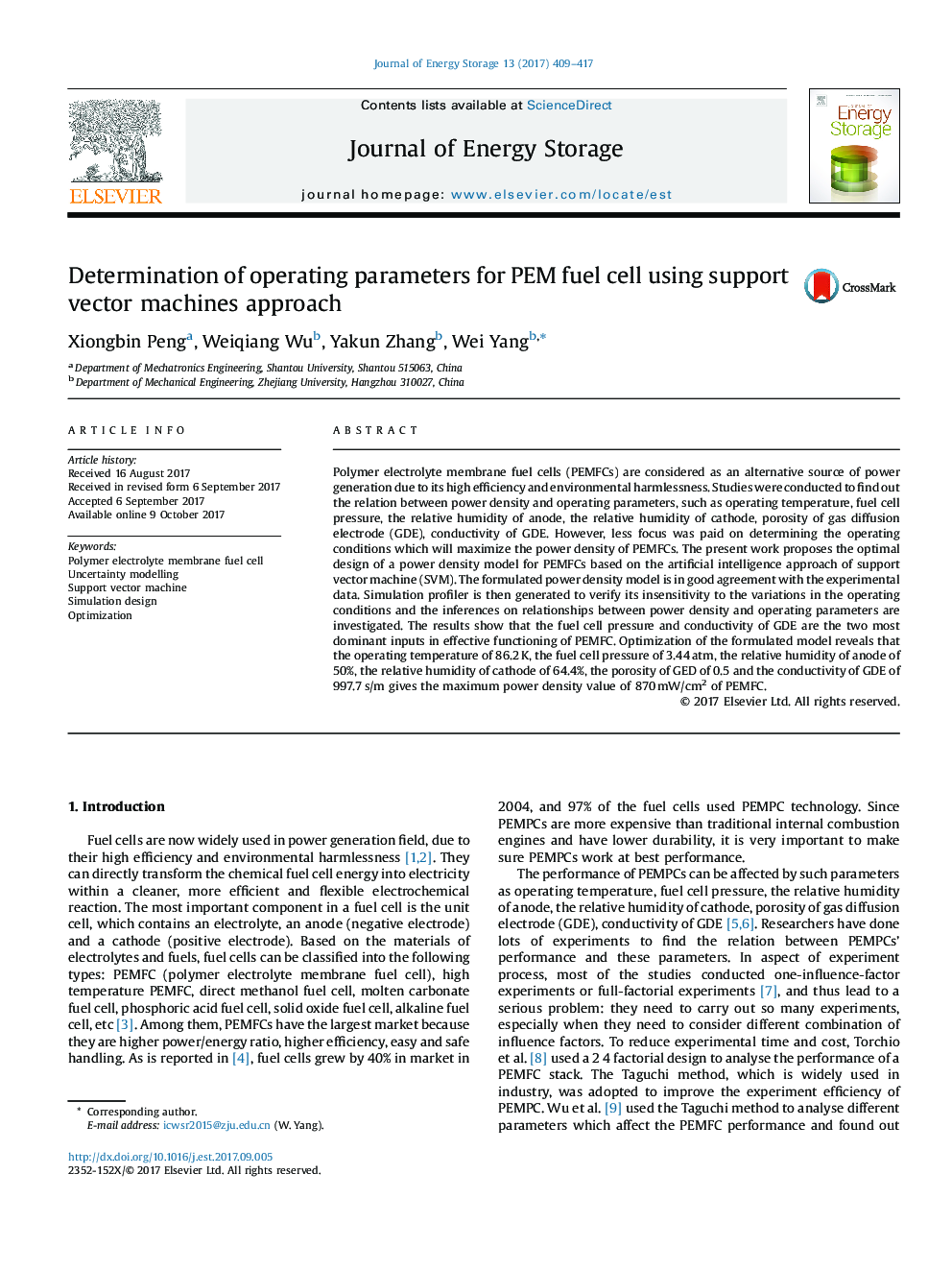 Determination of operating parameters for PEM fuel cell using support vector machines approach