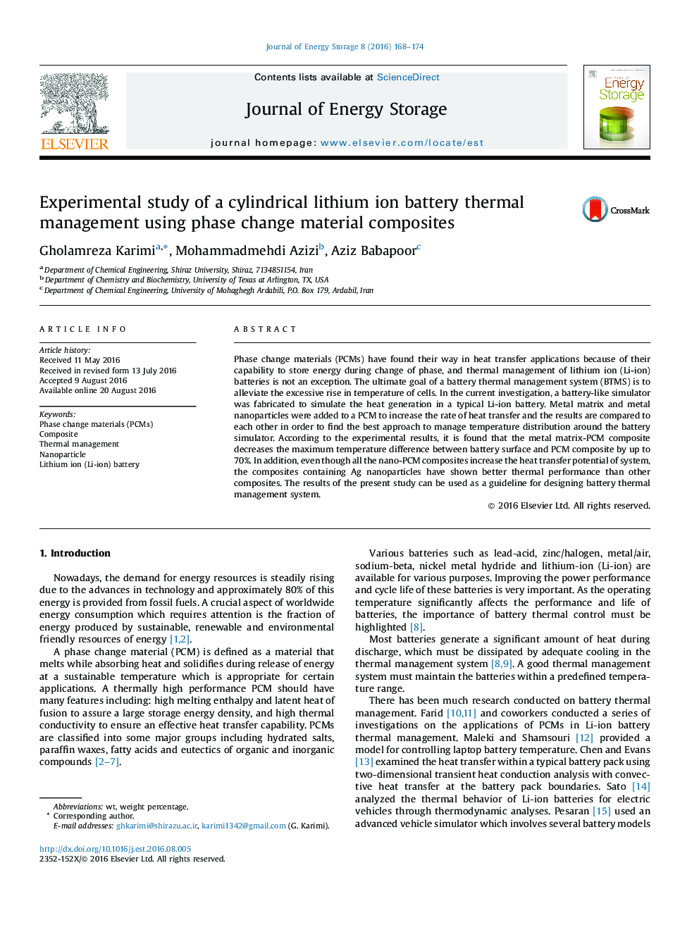 بررسی تجربی از مدیریت حرارتی باتری لیتیوم استوانه با استفاده از مواد کامپوزیتی تغییر فاز 