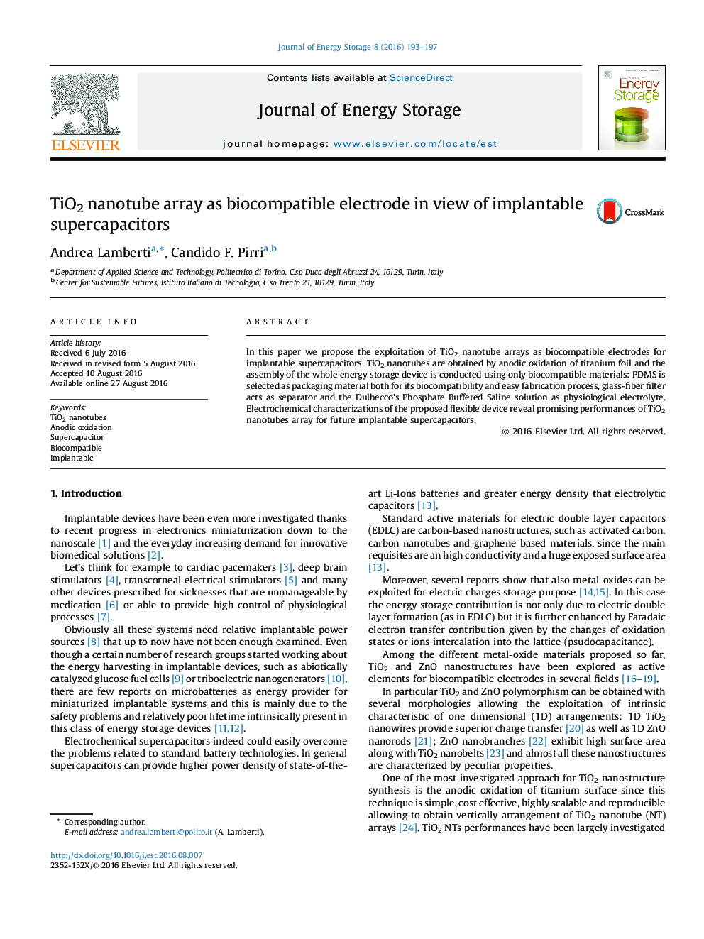 TiO2 nanotube array as biocompatible electrode in view of implantable supercapacitors