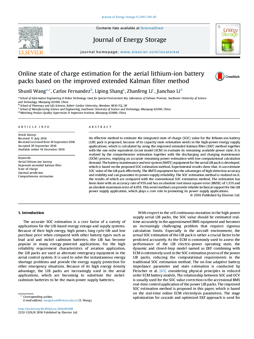 Online state of charge estimation for the aerial lithium-ion battery packs based on the improved extended Kalman filter method