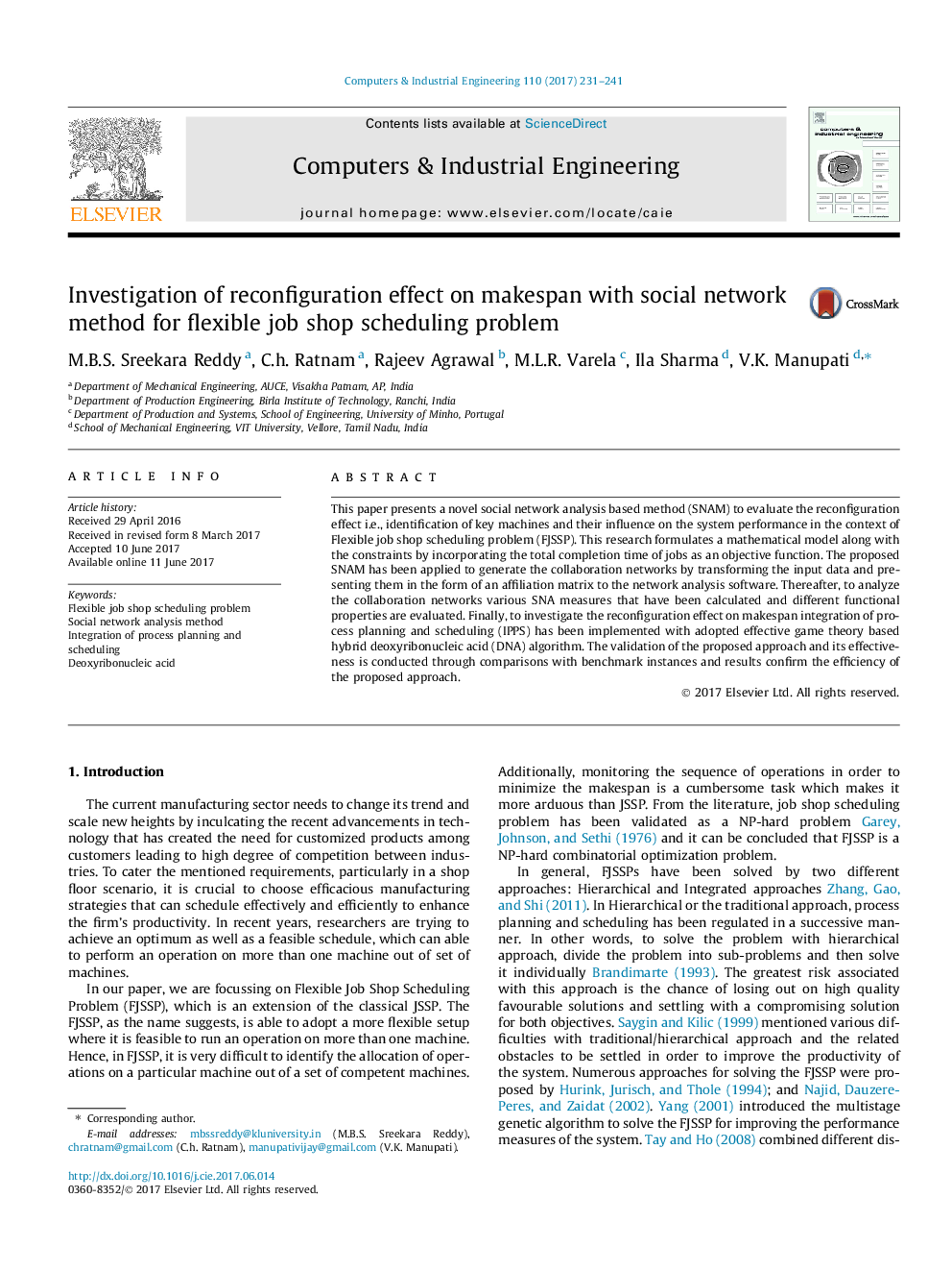 Investigation of reconfiguration effect on makespan with social network method for flexible job shop scheduling problem