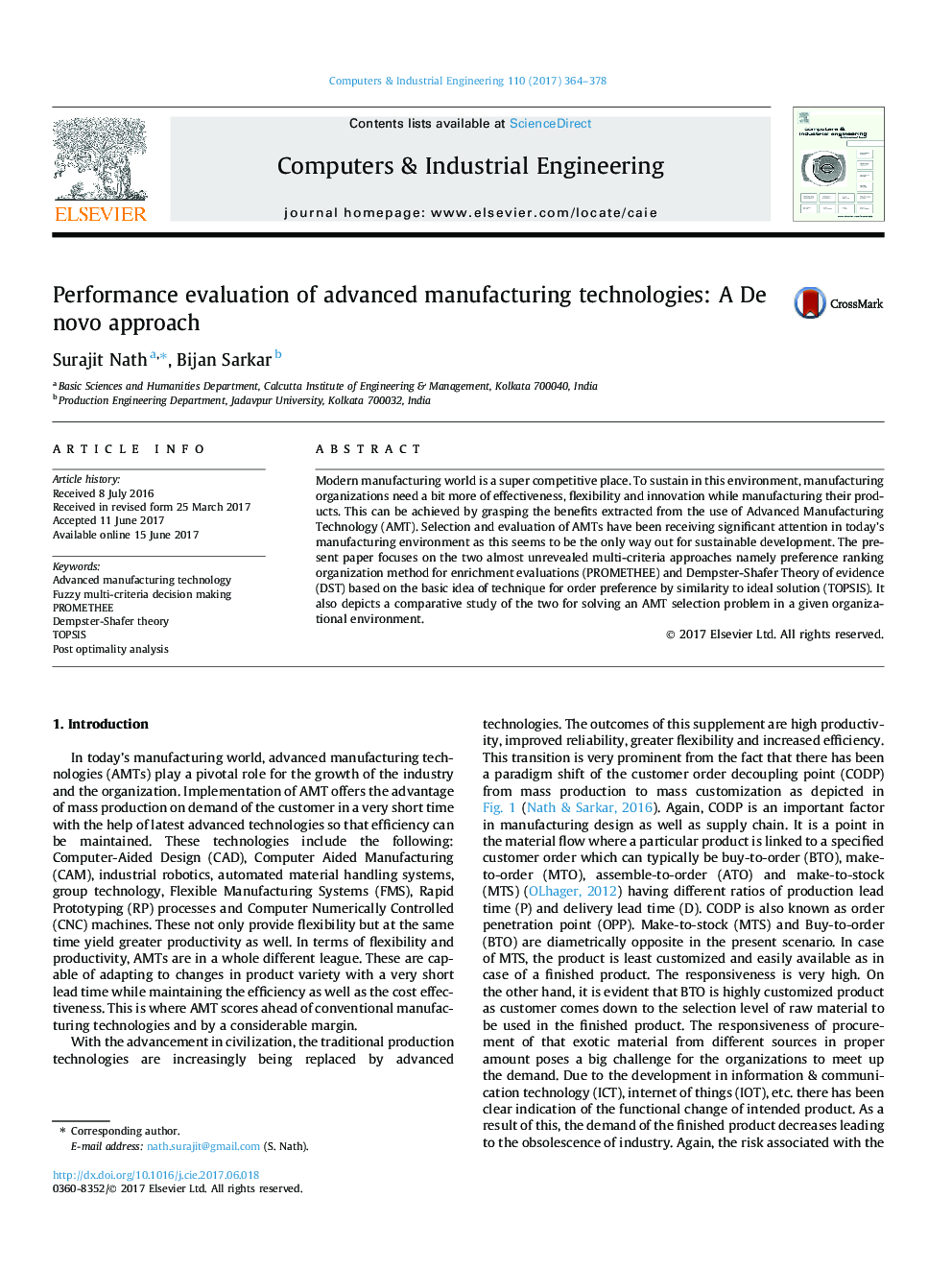 Performance evaluation of advanced manufacturing technologies: A De novo approach