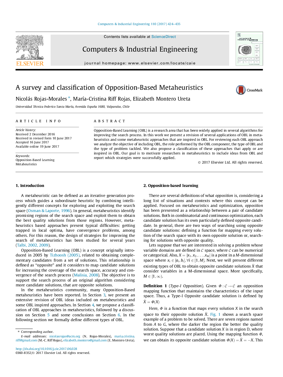 A survey and classification of Opposition-Based Metaheuristics