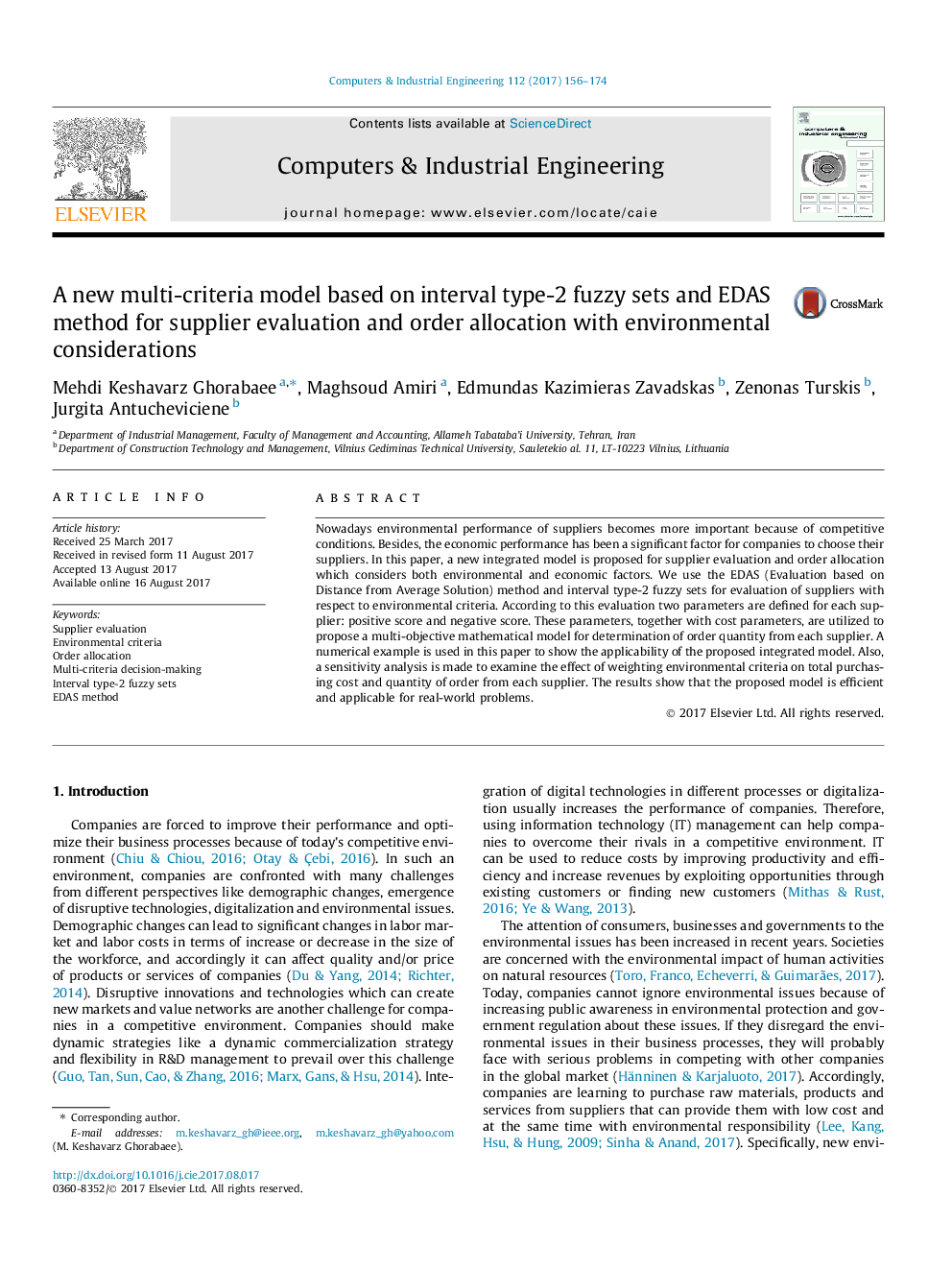 A new multi-criteria model based on interval type-2 fuzzy sets and EDAS method for supplier evaluation and order allocation with environmental considerations