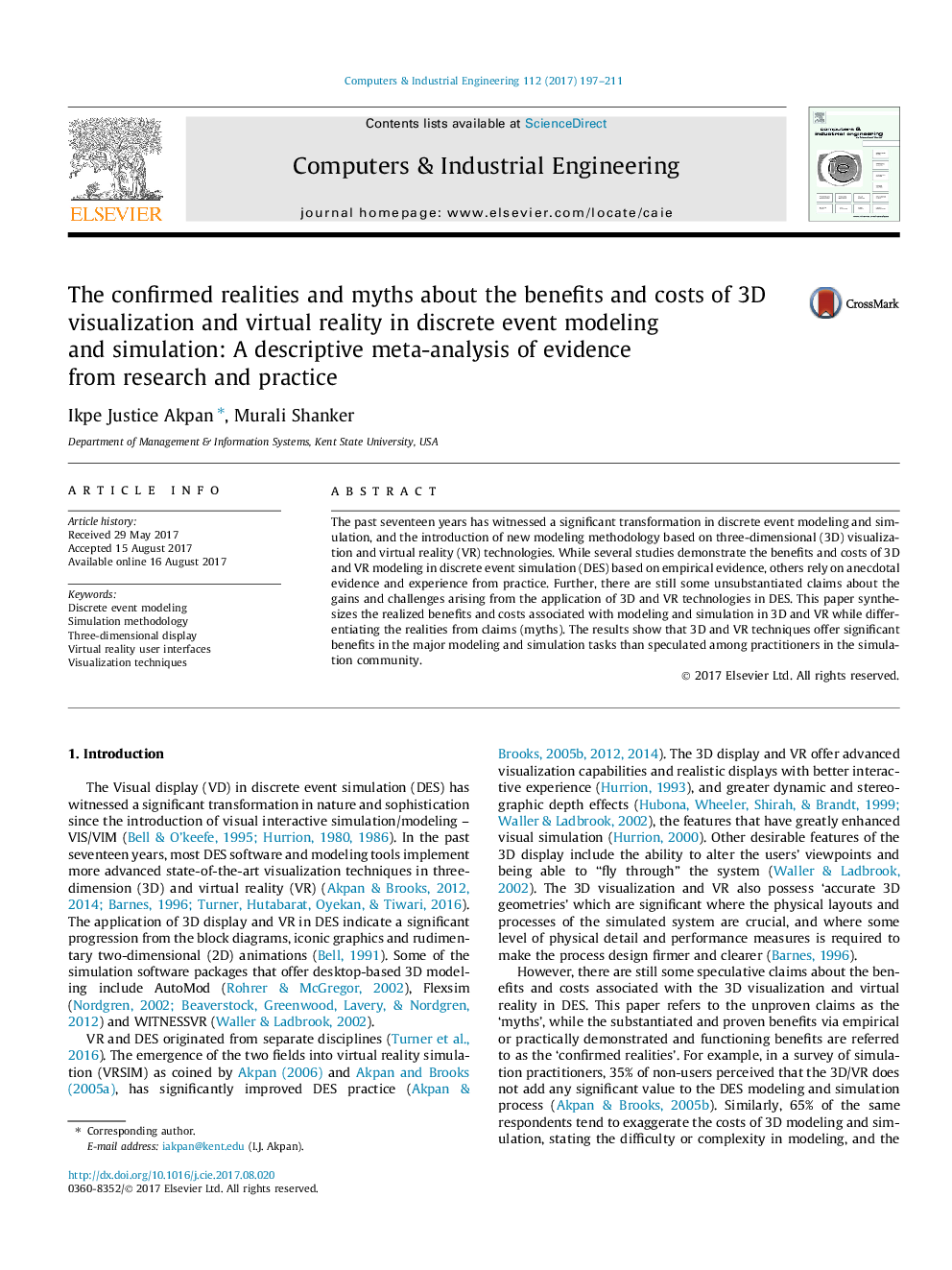 The confirmed realities and myths about the benefits and costs of 3D visualization and virtual reality in discrete event modeling and simulation: A descriptive meta-analysis of evidence from research and practice