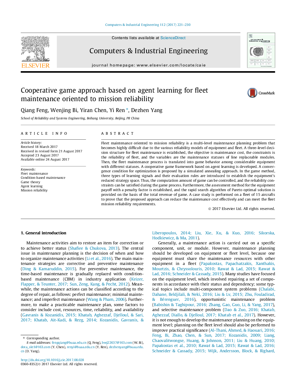 Cooperative game approach based on agent learning for fleet maintenance oriented to mission reliability