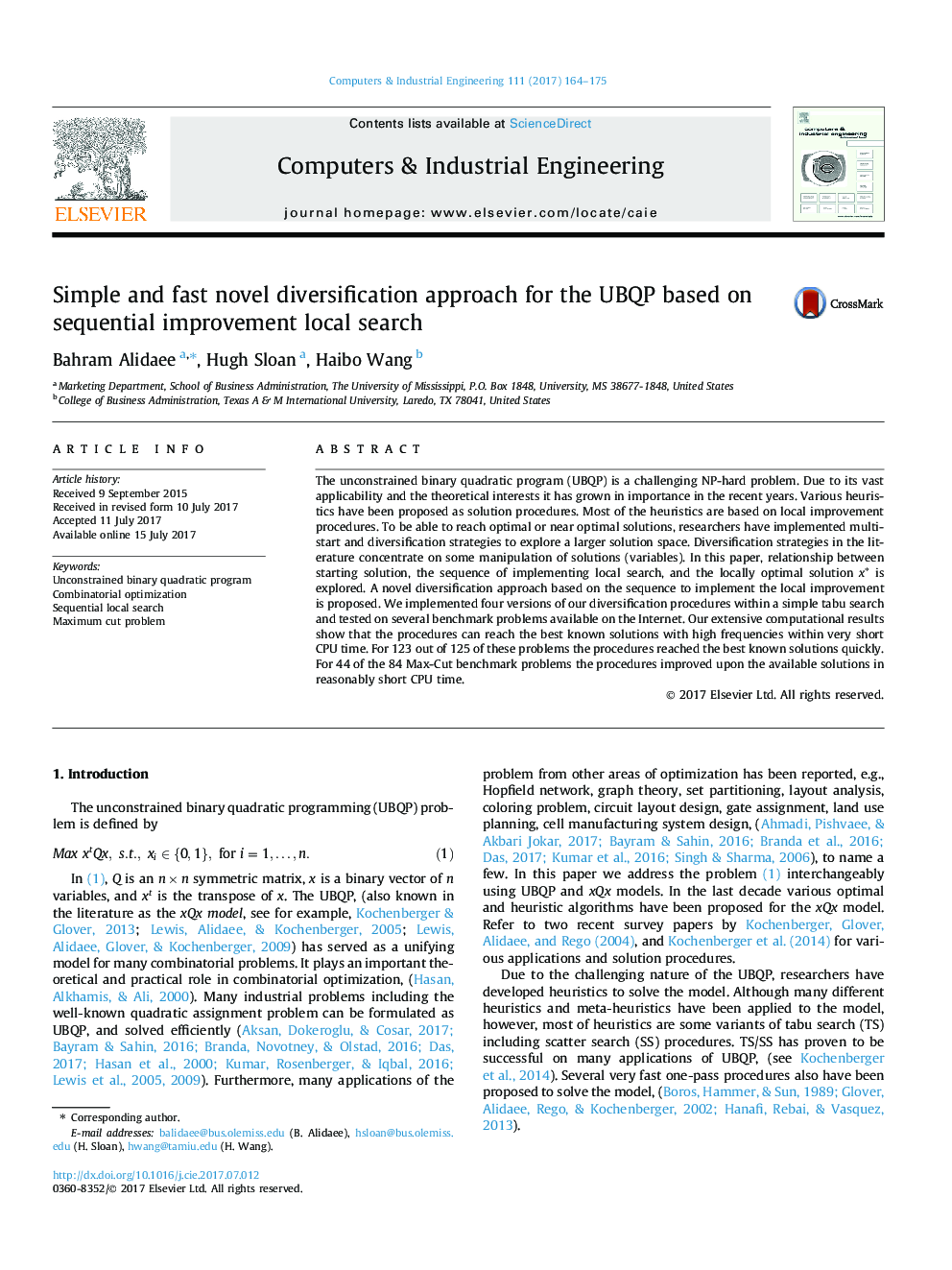 Simple and fast novel diversification approach for the UBQP based on sequential improvement local search