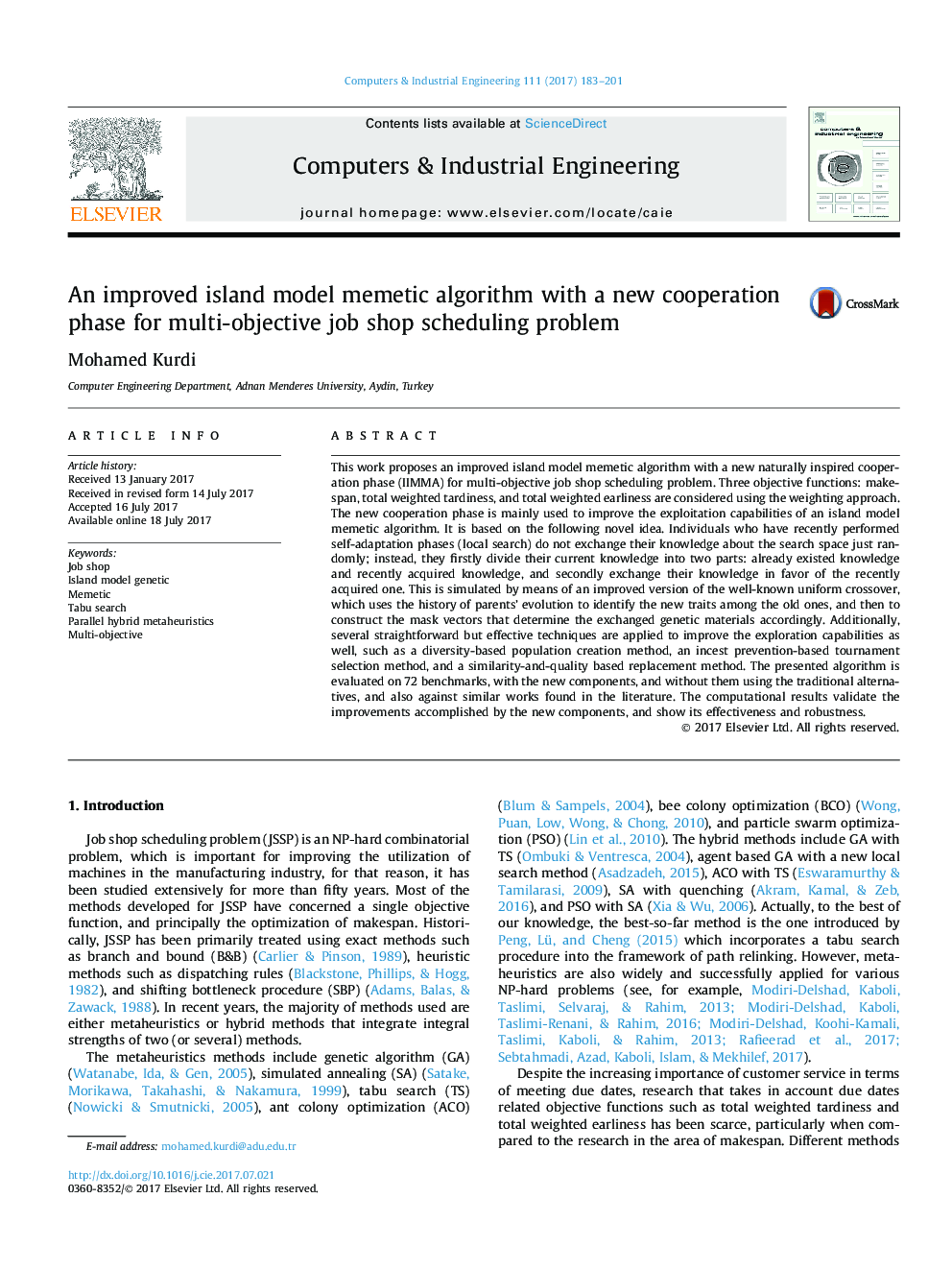 An improved island model memetic algorithm with a new cooperation phase for multi-objective job shop scheduling problem