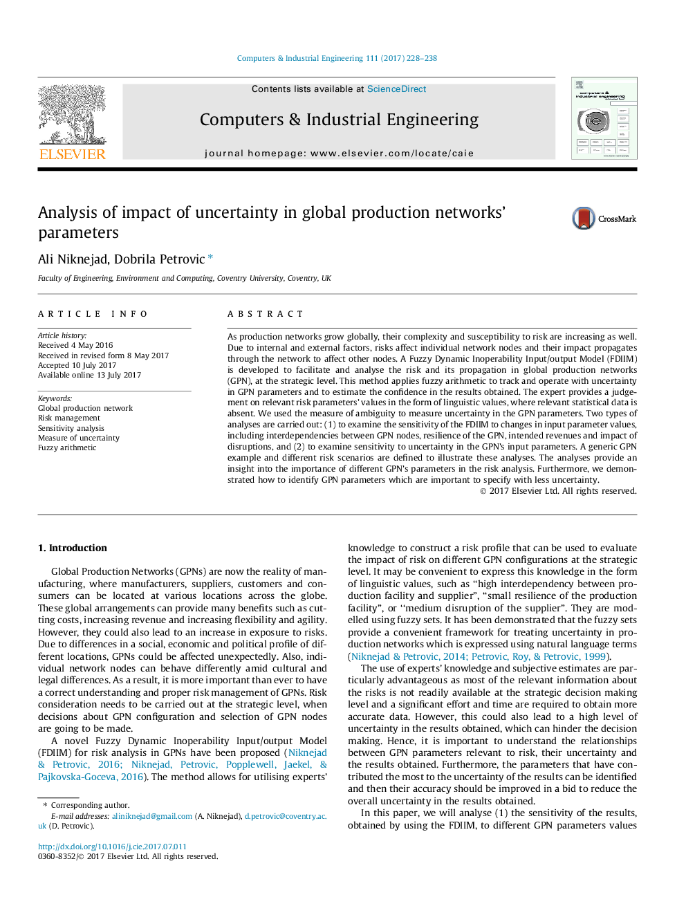 Analysis of impact of uncertainty in global production networks' parameters