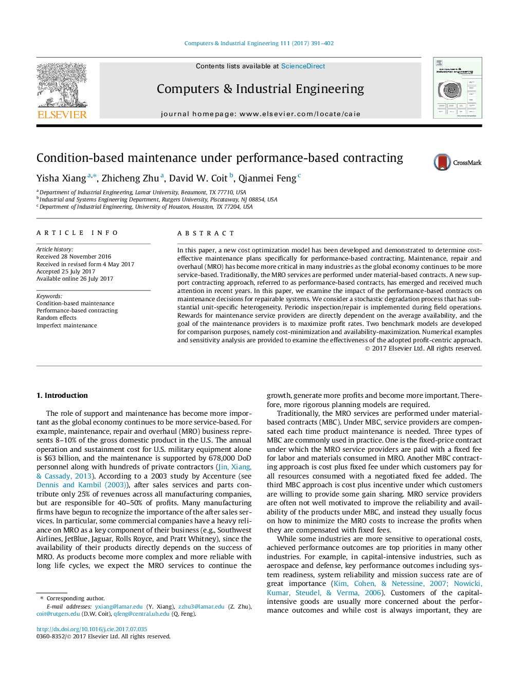 Condition-based maintenance under performance-based contracting