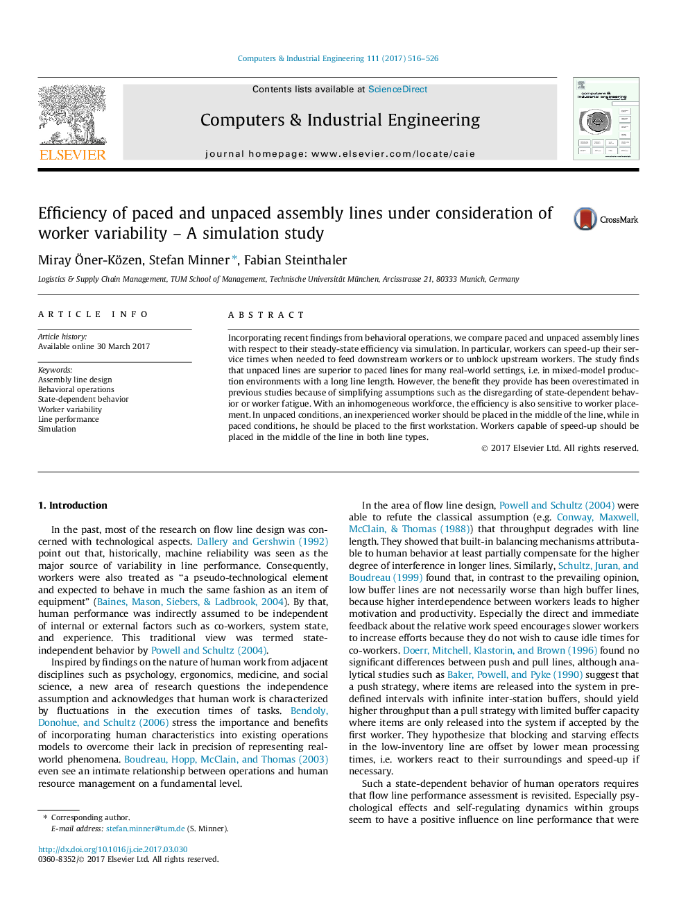 Efficiency of paced and unpaced assembly lines under consideration of worker variability - A simulation study