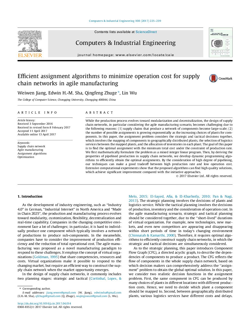 Efficient assignment algorithms to minimize operation cost for supply chain networks in agile manufacturing