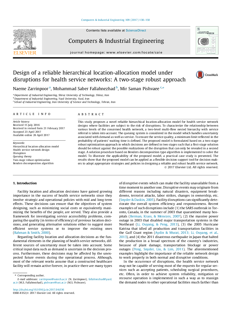 Design of a reliable hierarchical location-allocation model under disruptions for health service networks: A two-stage robust approach