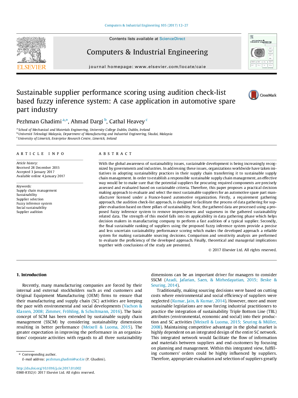 Sustainable supplier performance scoring using audition check-list based fuzzy inference system: A case application in automotive spare part industry