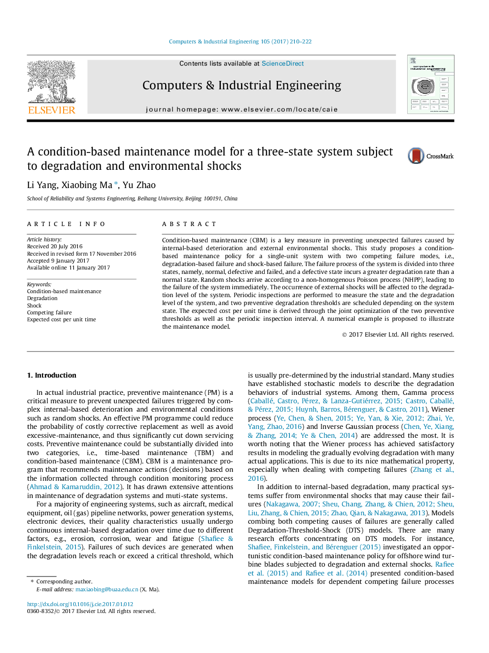 A condition-based maintenance model for a three-state system subject to degradation and environmental shocks