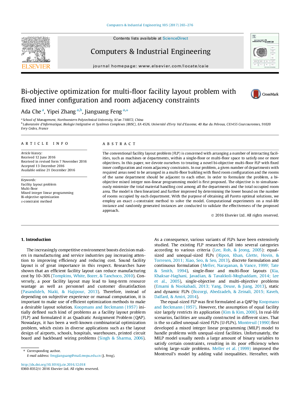 عکس صفحه اول مقاله: Bi-objective optimization for multi-floor facility layout problem with fixed inner configuration and room adjacency constraints Bi-objective optimization for multi-floor facility layout problem with fixed inner configuration and room adjacency constraints