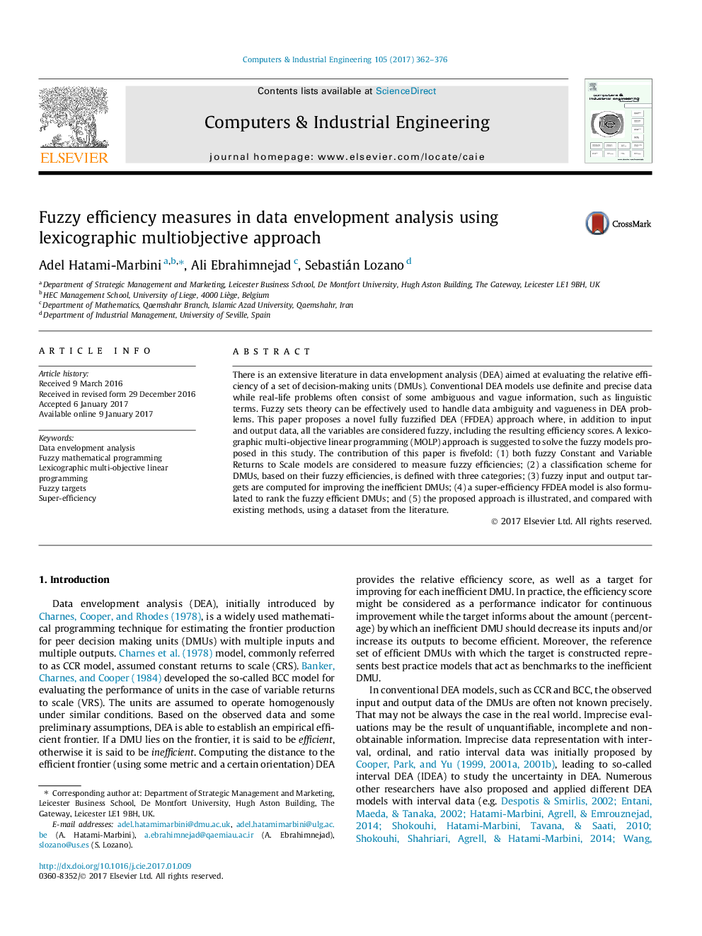 Fuzzy efficiency measures in data envelopment analysis using lexicographic multiobjective approach